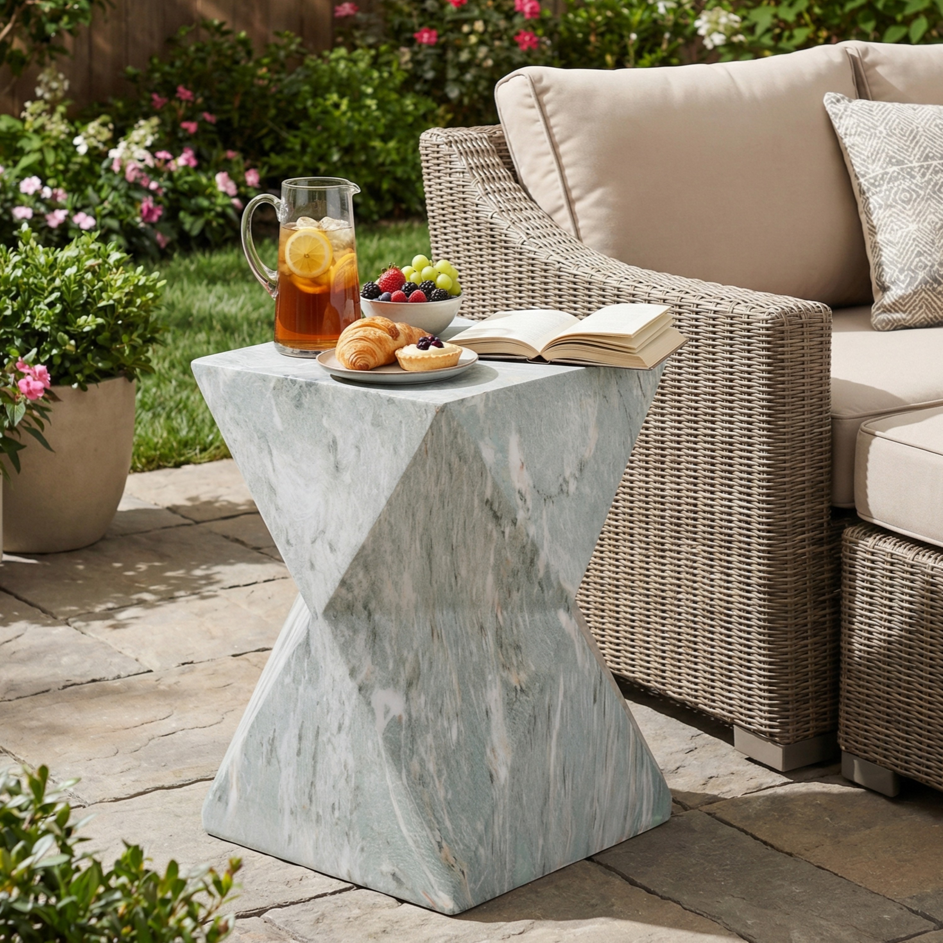 18,5"H Modern Geometric MGO Side Table, Hourglass Accent Table with Faux Marble Finish - Weather Resistant End Table for Indoor and Outdoor Use, Living Room, Bedroom & Patio, Green Marble