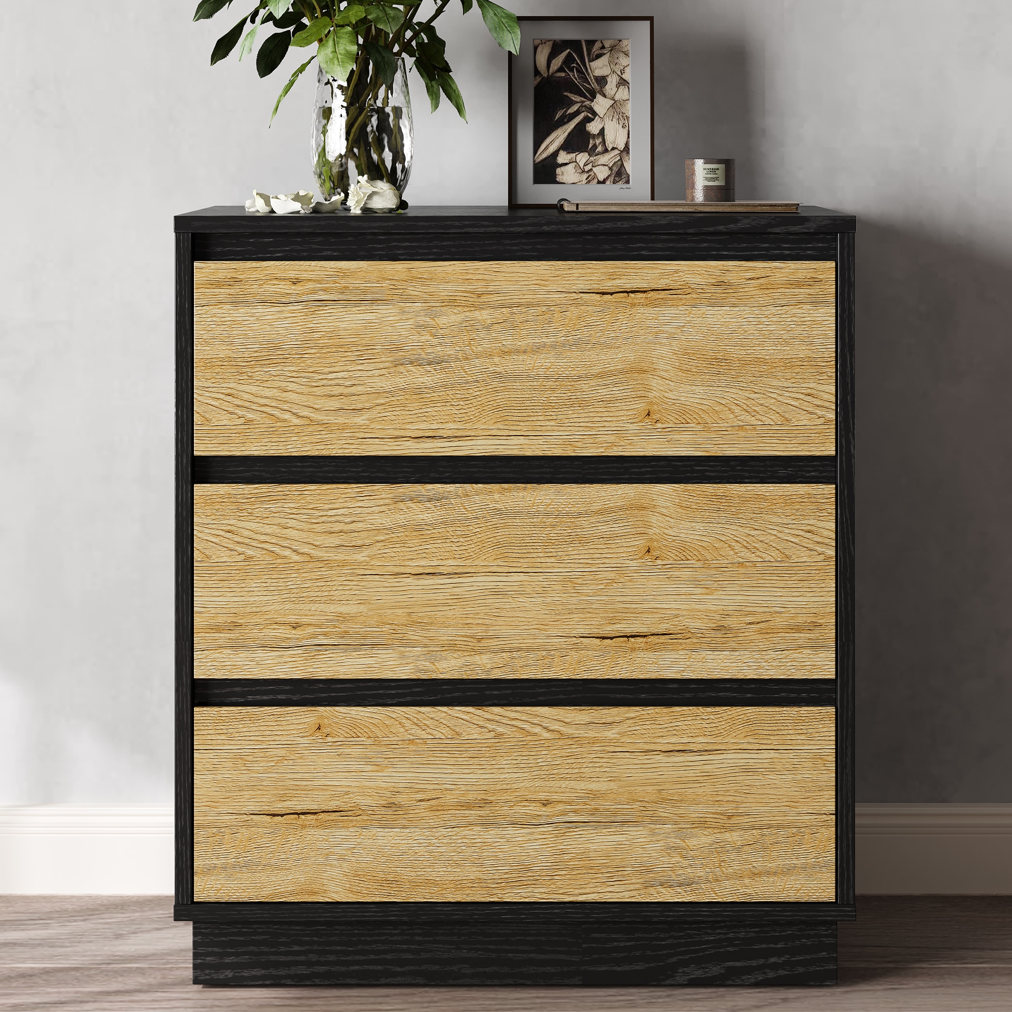 Wide Nightstand with 3 Drawers, Modern Chest of Drawers for Bedroom, Large End Table with Hidden Pull-out System, Wooden Dresser for Living Room, Closet, Black and Wood