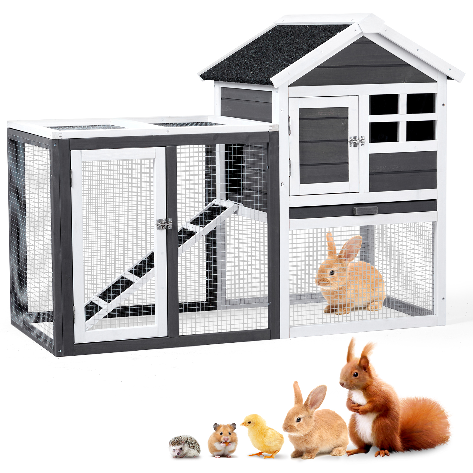 Wooden Rabbit Hutch Outdoor Chicken Coop Indoor Bunny Cage with Run, Guinea Pig House Pet House with Pull Out Upper Tray, Grey
