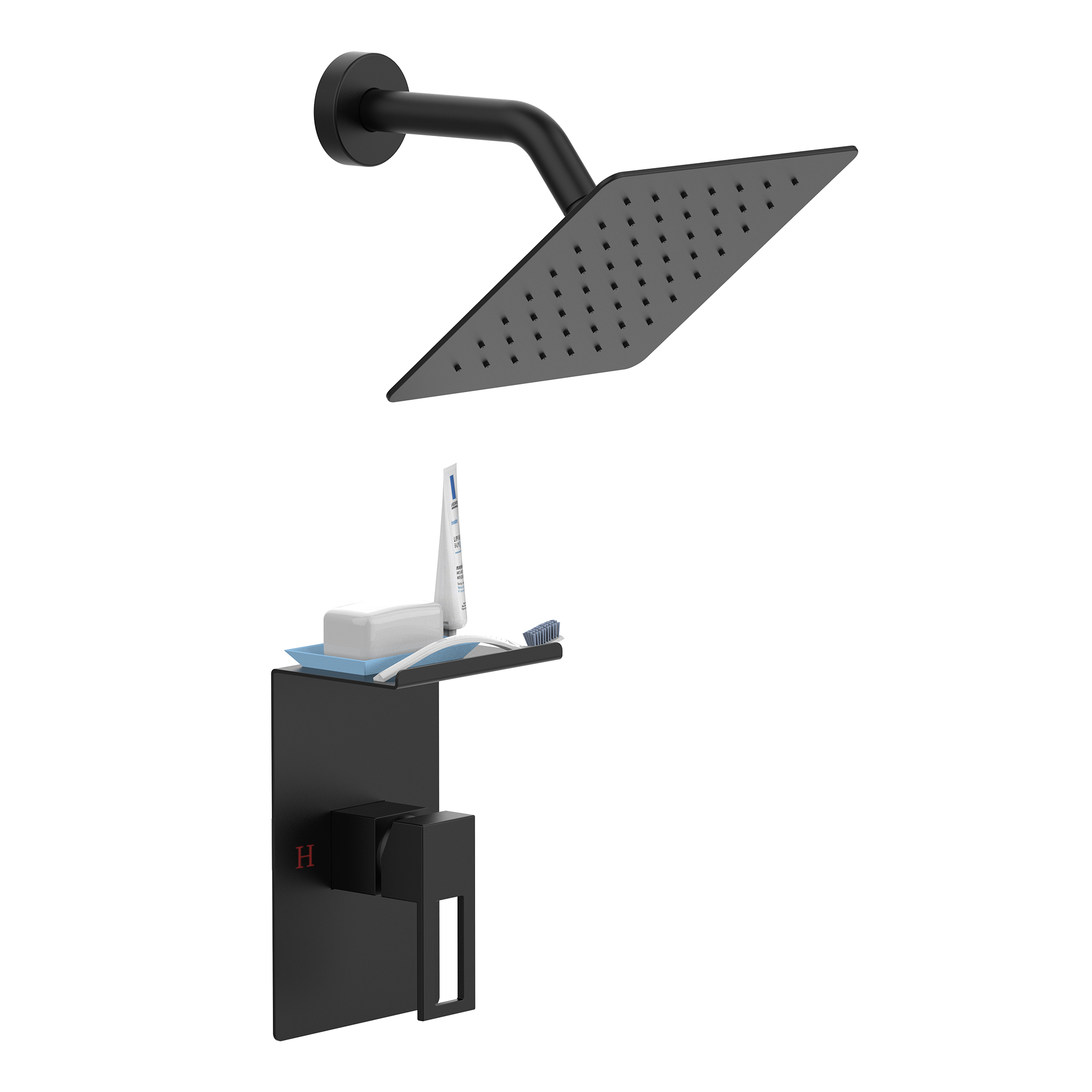 Shower Faucet With Storage Rack 8-inch Rain Shower Head Shower decoration kit with single spray shower head Shower Faucet Set Complete Matte Black[Unable ship on weekends, TK/TEMU only for pickup, only TX10643 warehouse supports GOFO] with